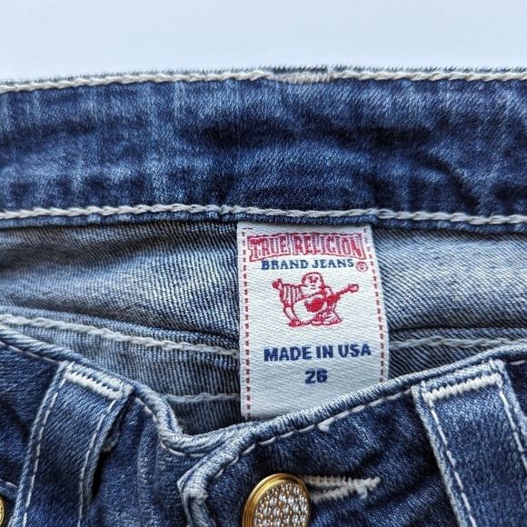 True Religion SandBlasted Bling Button Low-Rise Bootcut Blue Jeans Rivets- sz 26 - Picture 7 of 10